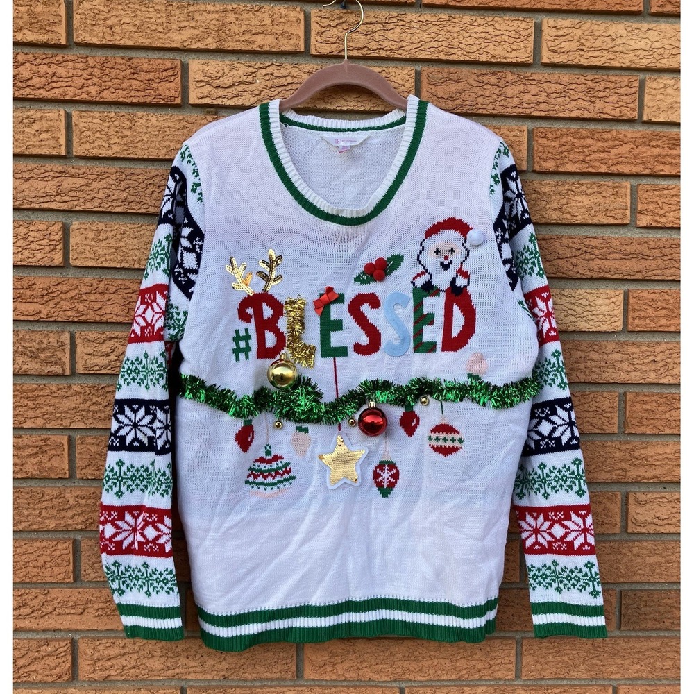 Christmas‎ Sweater 3D Ornaments Blessed Holiday Festive XXL No Boundaries Ugly